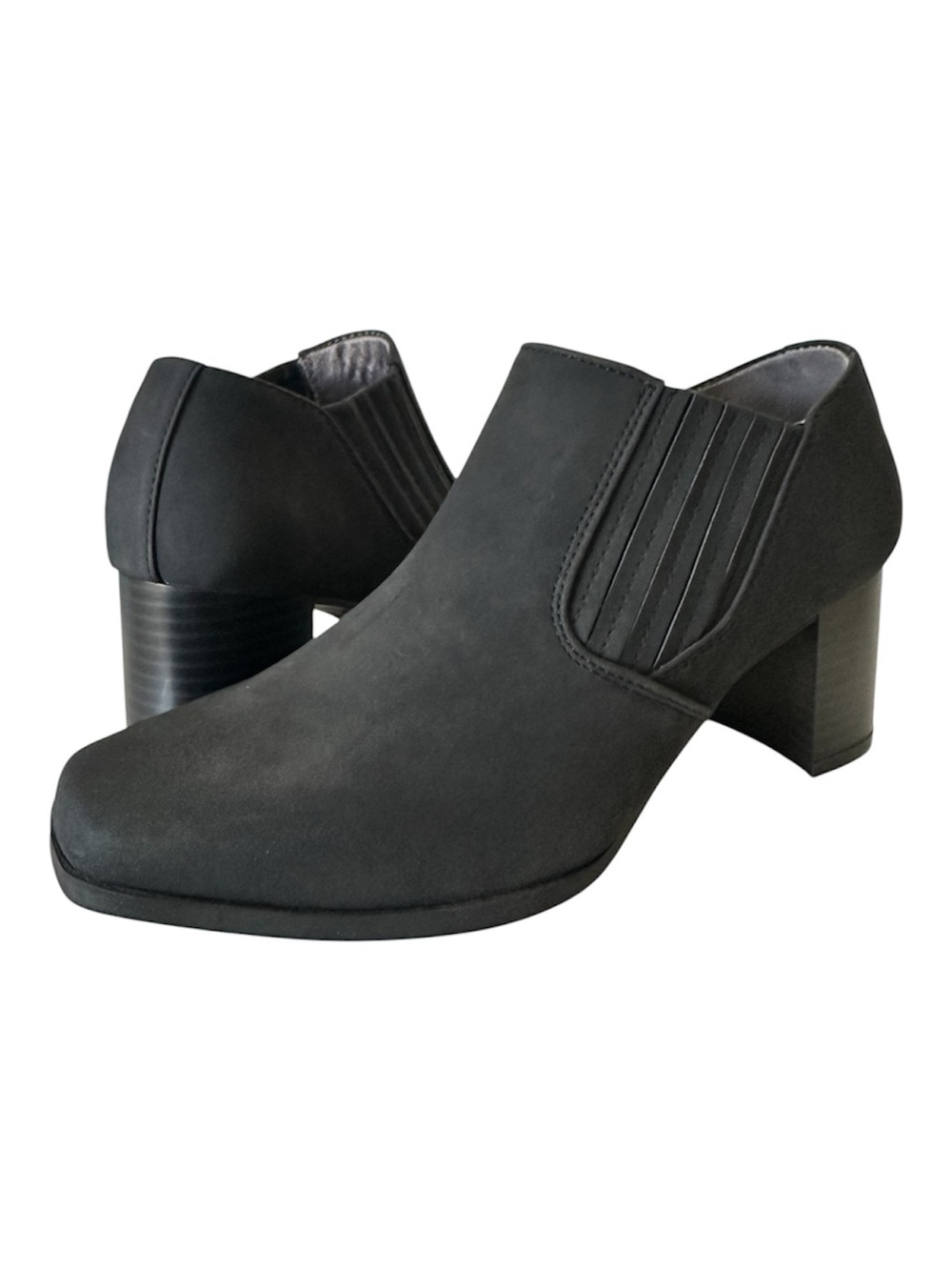 Life Stride Black MicroSuede Low Block Heel Ankle Booties 7.5